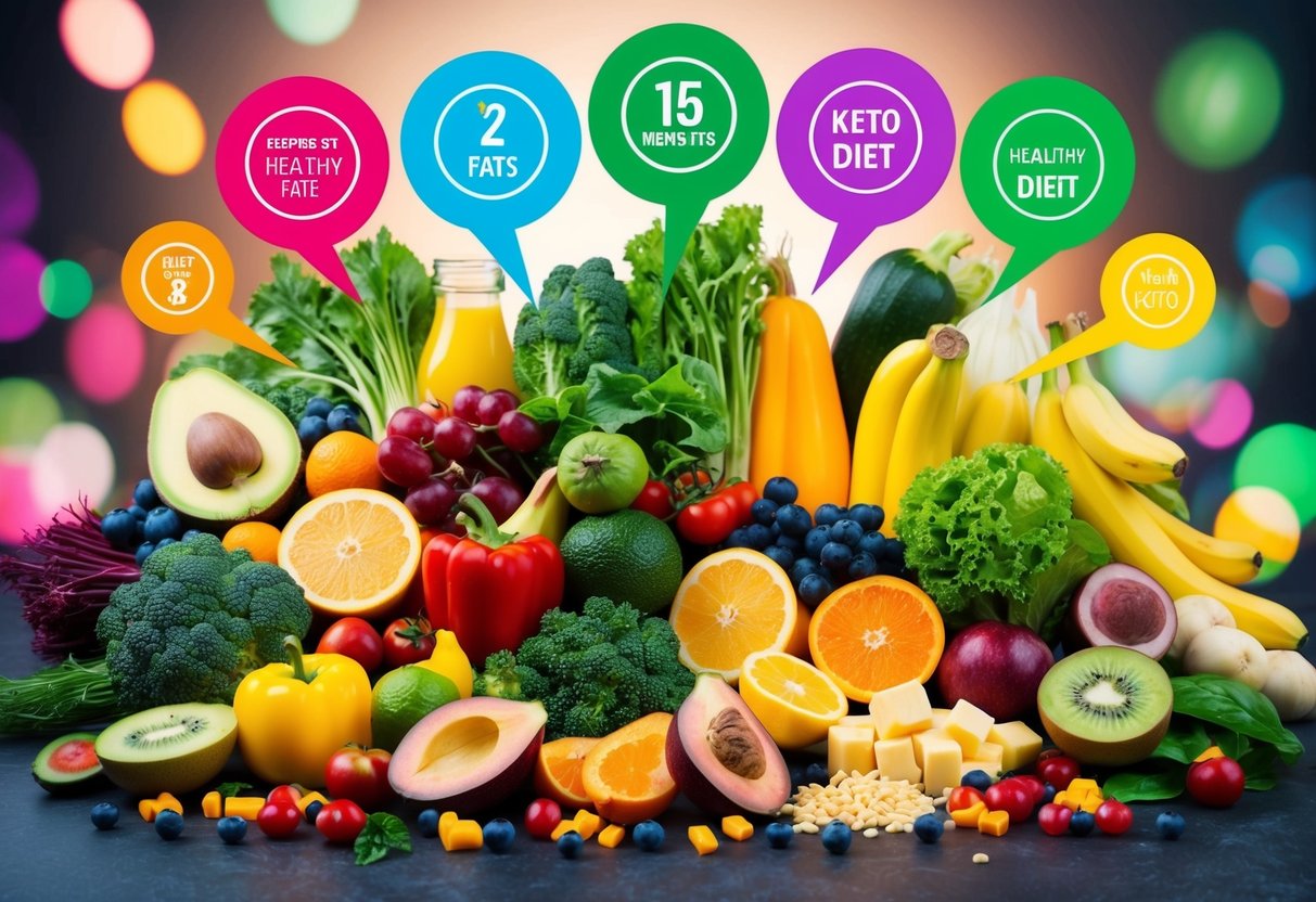 A colorful array of fruits, vegetables, and healthy fats arranged in a visually appealing manner, surrounded by vibrant, energetic symbols representing the numerous benefits of the keto diet