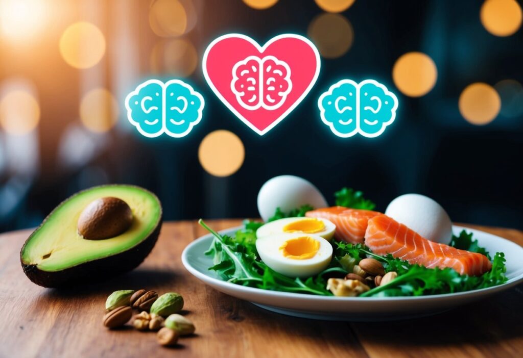 A vibrant and modern digital illustration of a healthy ketogenic meal arranged on a wooden table. The meal includes avocado, salmon, eggs, nuts, and leafy greens, symbolizing the benefits of keto. In the background, subtle glowing brain and heart icons represent cognitive and cardiovascular health. The image has a clean, fresh aesthetic with natural lighting.