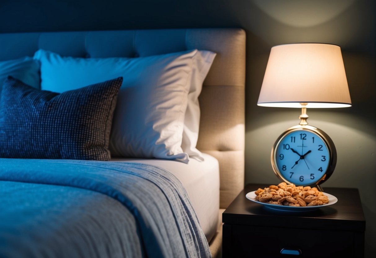 A serene bedroom with a cozy bed, dim lighting, and a clock showing a late hour, with a plate of keto-friendly snacks on a nightstand