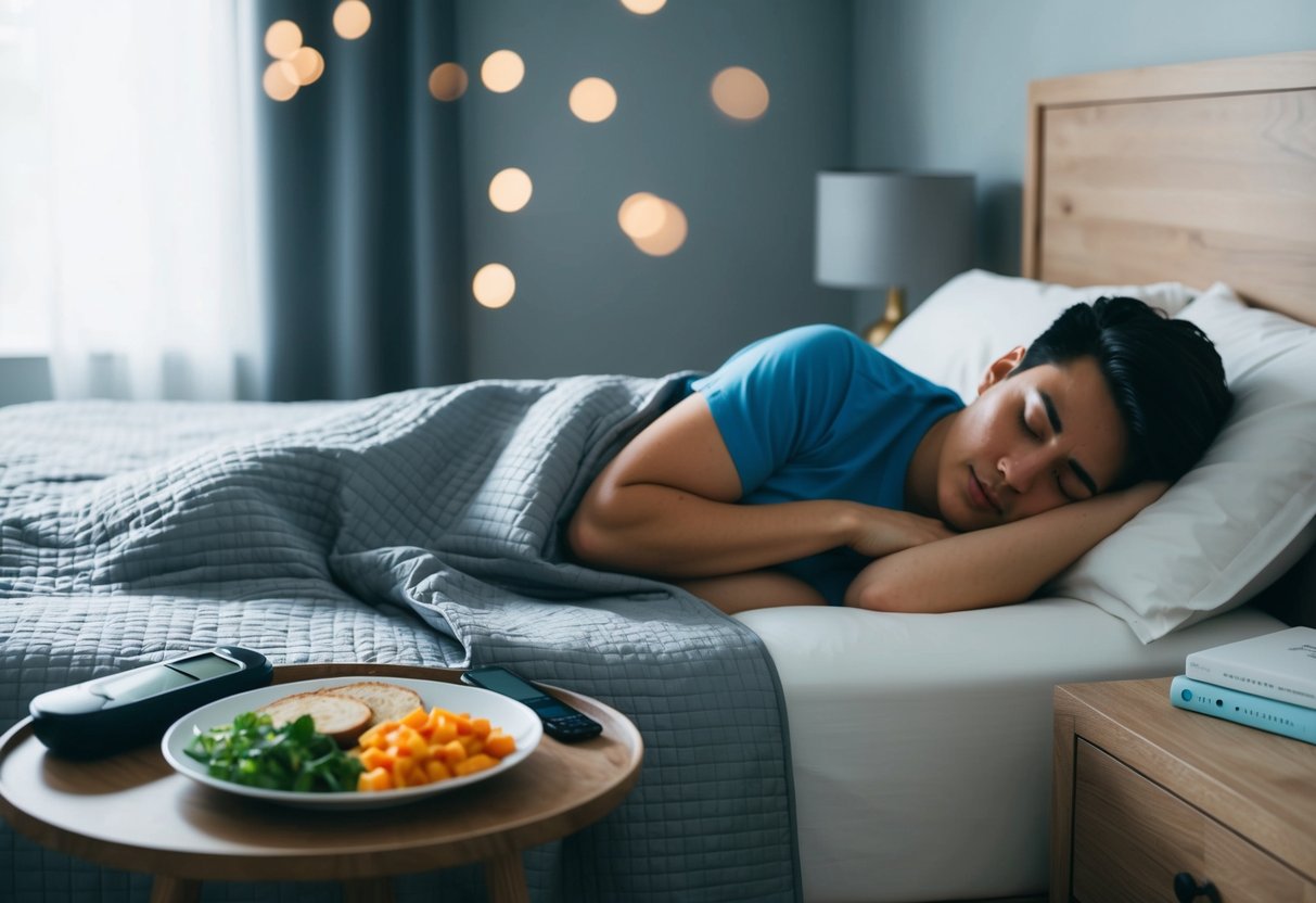 A serene bedroom with a plate of keto-friendly foods next to a bed, a sleep tracker on the nightstand, and a person peacefully sleeping under a weighted blanket