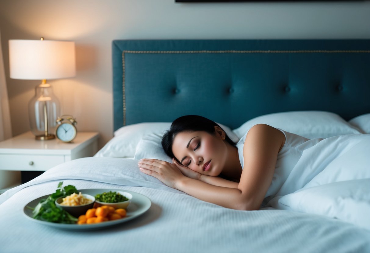 A serene bedroom with a plate of low-carb keto-friendly foods and a peaceful sleeper in a deep slumber