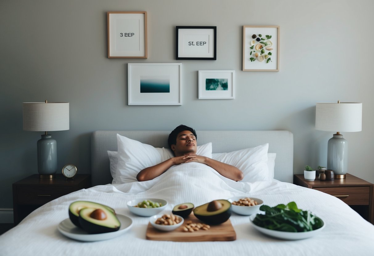 A serene bedroom with a person in bed, surrounded by sleep stages and keto-friendly foods like avocados, nuts, and leafy greens