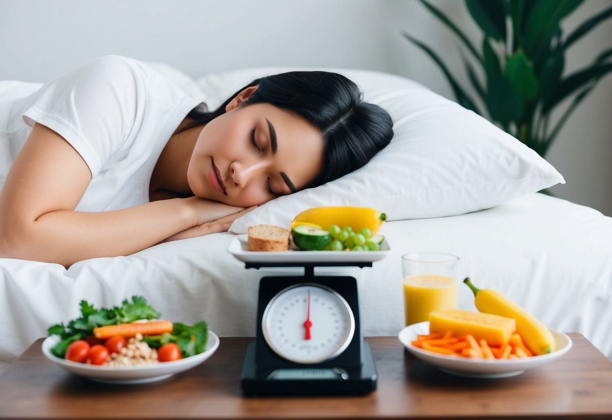 A person sleeping peacefully in bed, surrounded by healthy low-carb foods and a scale showing weight loss progress