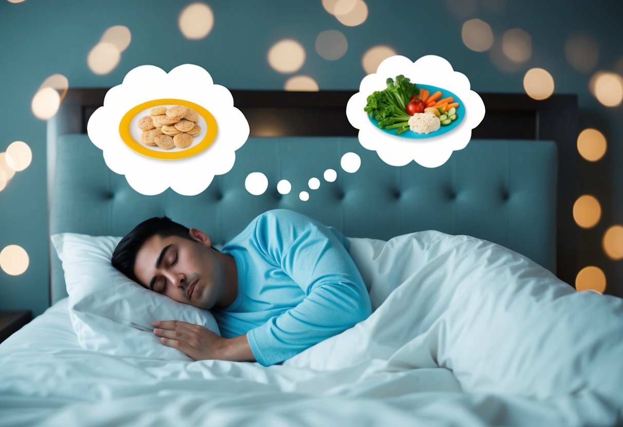 A person lying in bed, tossing and turning with a thought bubble showing a plate of carbs. Another person sleeping peacefully with a thought bubble showing a plate of vegetables and protein