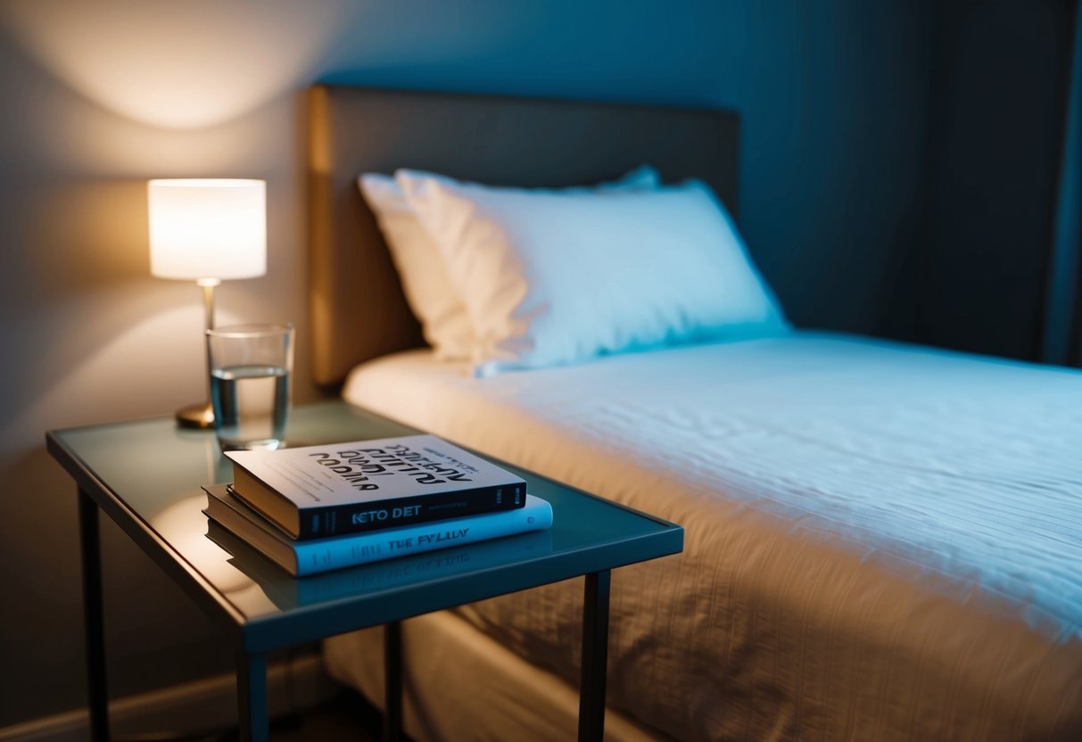 A serene bedroom with a cozy bed, dim lighting, and a calming atmosphere. A bedside table holds a book about the keto diet and a glass of water