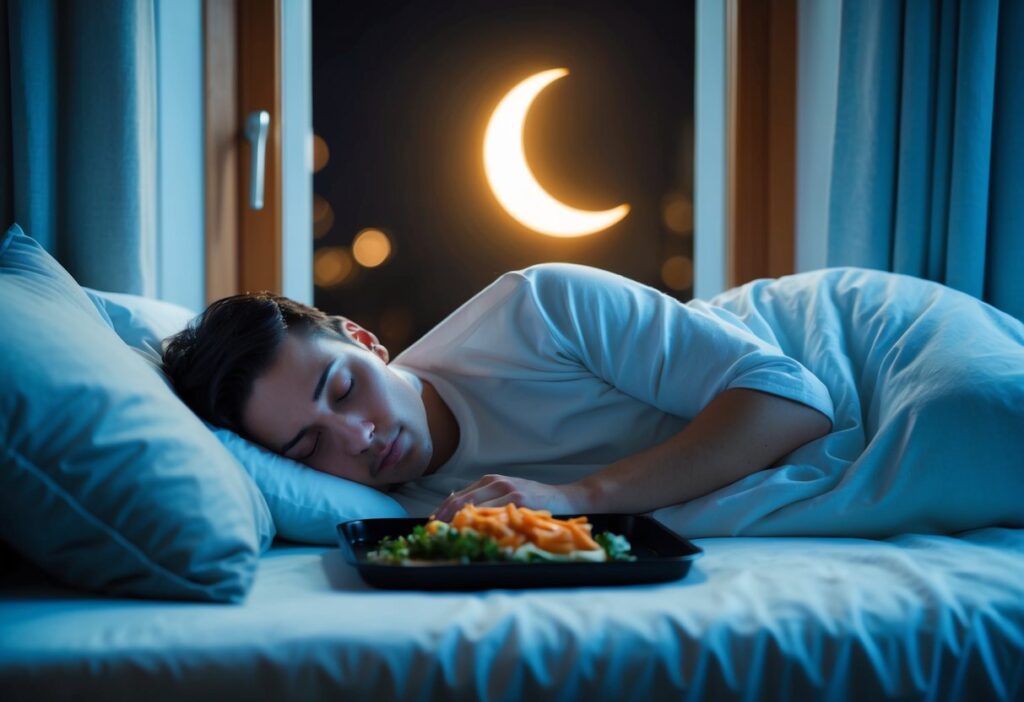 A serene nighttime scene with a person sleeping soundly in bed, a keto meal on a tray beside them, and a glowing crescent moon outside the window. The background is peaceful, with soft lighting symbolizing restful sleep.
