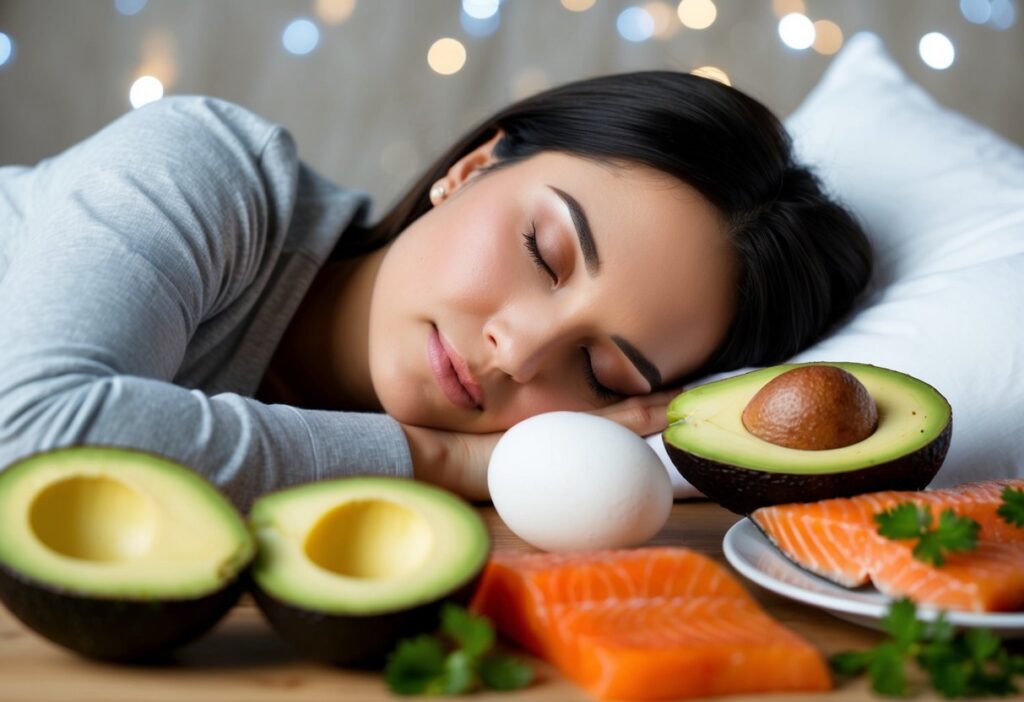 A woman peacefully sleeping on a bed, with keto-friendly foods like avocado, eggs, and salmon nearby, symbolizing the connection between keto and sleeping.