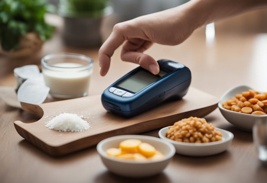 A visually appealing, warm-toned image of a person measuring blood sugar with a glucose meter while a plate of keto-friendly food (eggs, avocado, and leafy greens) sits nearby. The person looks hopeful and focused on their health.