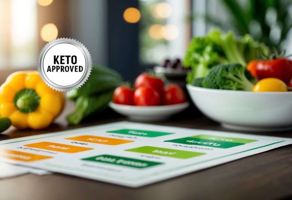 An overhead shot of a well-organized ketogenic meal plan on a table, with labeled food groups: healthy fats (avocado, nuts, olive oil), proteins (salmon, chicken, eggs), and low-carb vegetables (spinach, broccoli). A “Keto Approved” badge is visible in the corner.