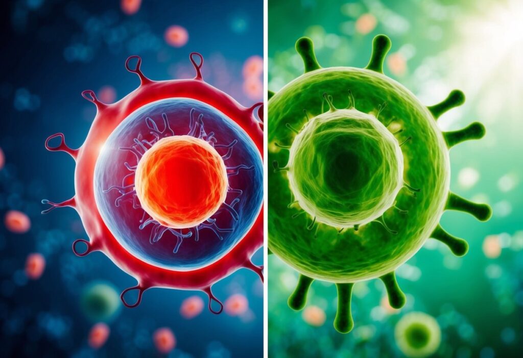 A scientific visual representation of insulin receptors improving in function over time, showing a “Before & After” effect with a diabetic cell struggling on the left and an optimized, insulin-sensitive cell on the right. The color transition should go from red (high blood sugar) to green (balanced blood sugar).