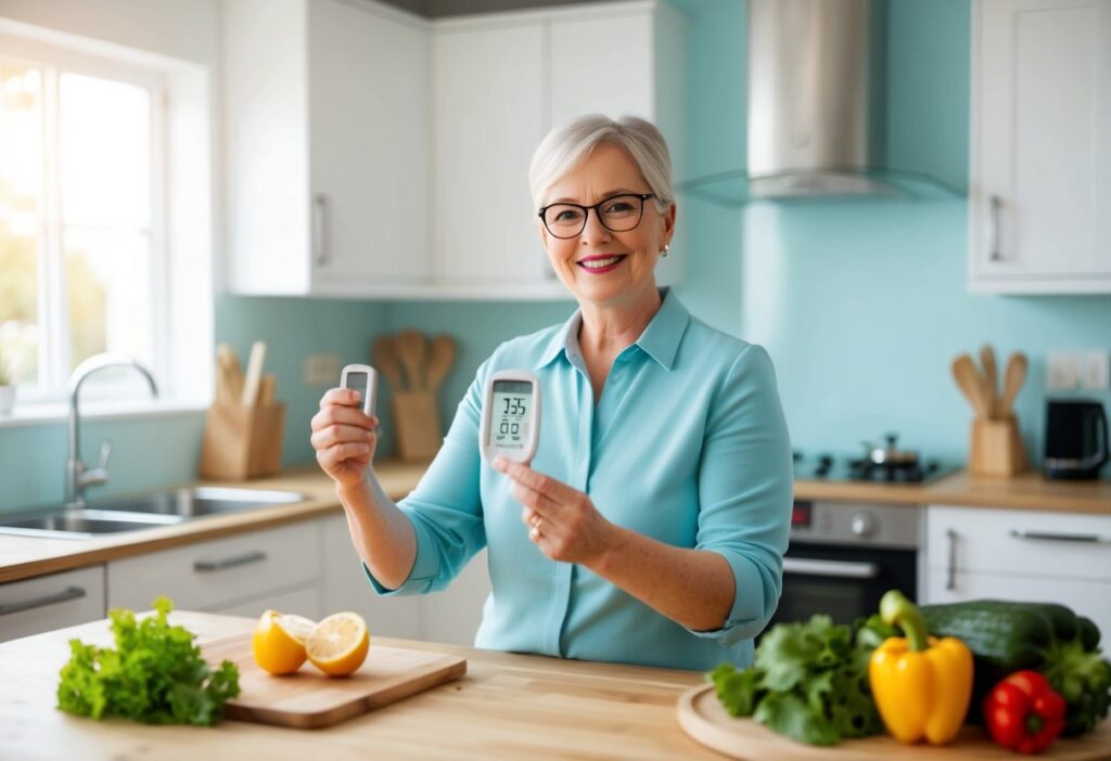 A happy, middle-aged man or woman holding up their glucose monitor showing a normal blood sugar reading while standing in a bright kitchen filled with keto-friendly foods. They look confident and healthy showing that keto reverse diabetes.