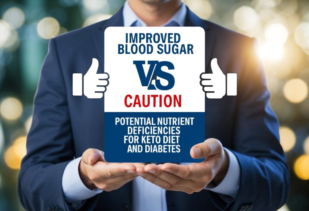 A balanced infographic-style image showing the "Pros and Cons" of the keto diet for diabetes, with contrasting symbols for benefits (thumbs up, improved blood sugar) and risks (caution sign, potential nutrient deficiencies).