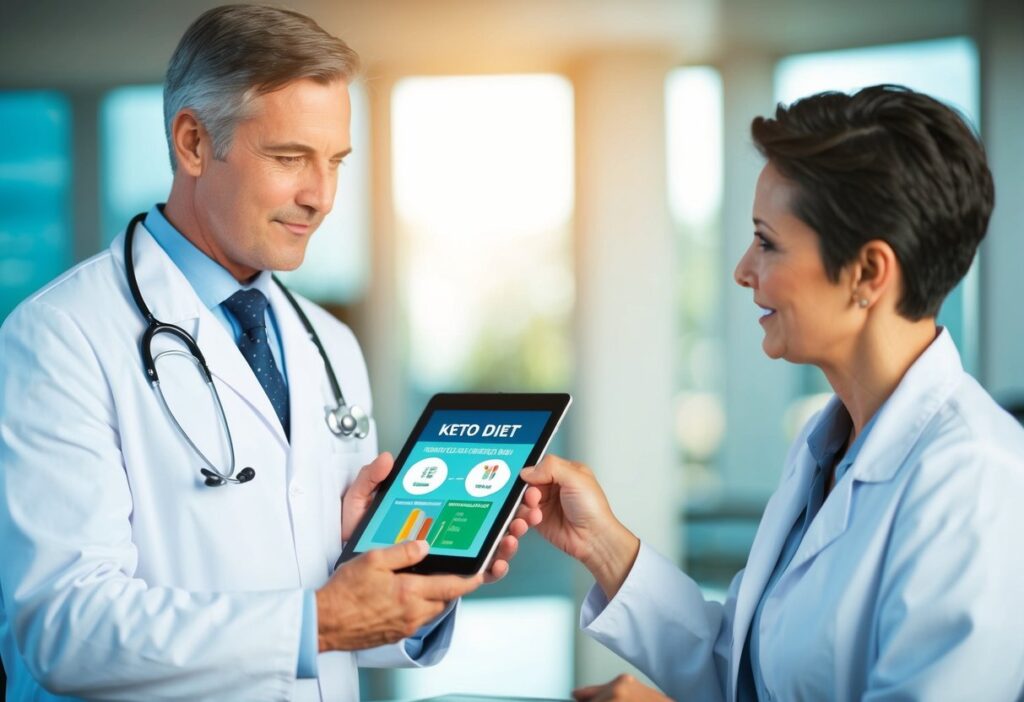 A doctor in a white coat explaining the keto diet to a patient using a digital tablet. The screen displays a simple keto meal plan alongside a blood sugar graph.