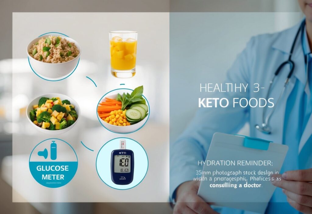A step-by-step checklist with visuals of healthy keto foods, a glucose meter, a hydration reminder, and a note about consulting a doctor. The design should be clean, infographic-style, and easy to read.