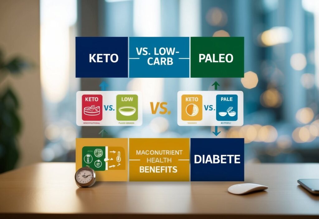 A comparison chart displaying “Keto vs. Low-Carb vs. Paleo Diet” with icons representing key differences in macronutrients and health benefits for diabetes.