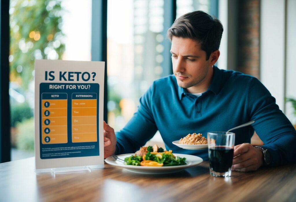 A thoughtful person sitting at a table with a keto meal in front of them, looking at a decision chart showing "Is Keto Right for You?" The image should evoke contemplation and a sense of making an informed choice.