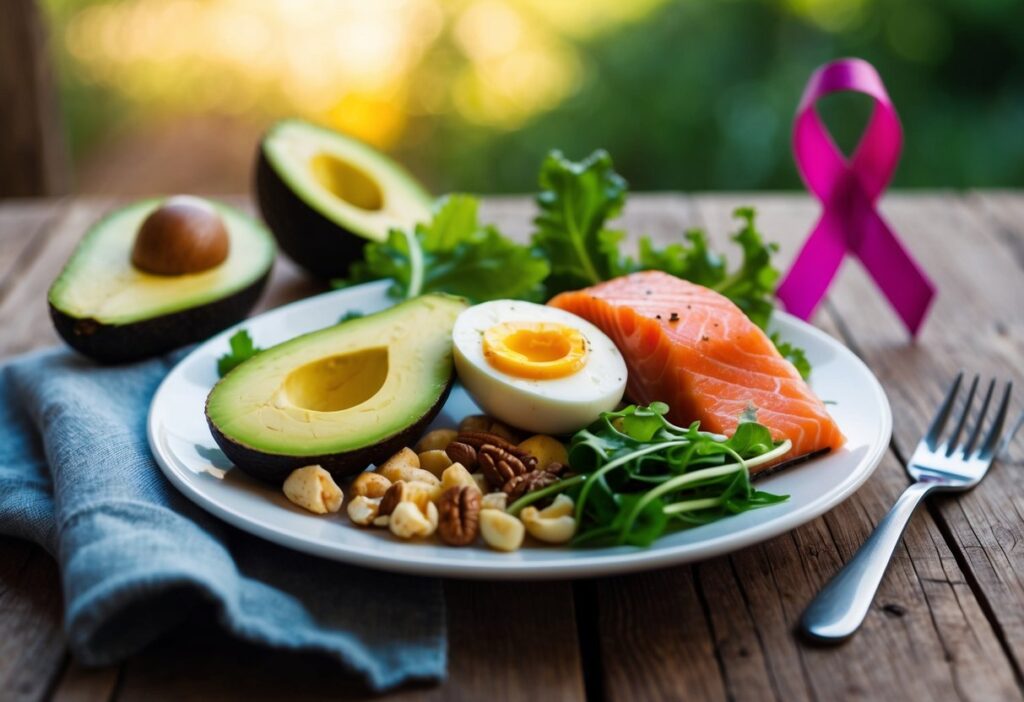 A vibrant, high-quality image of a balanced keto meal, including avocado, salmon, eggs, leafy greens, and nuts, presented on a rustic wooden table. The image should evoke health and wellness, with soft natural lighting and a clean, inviting background. Include a subtle diabetes awareness ribbon in the background for context.