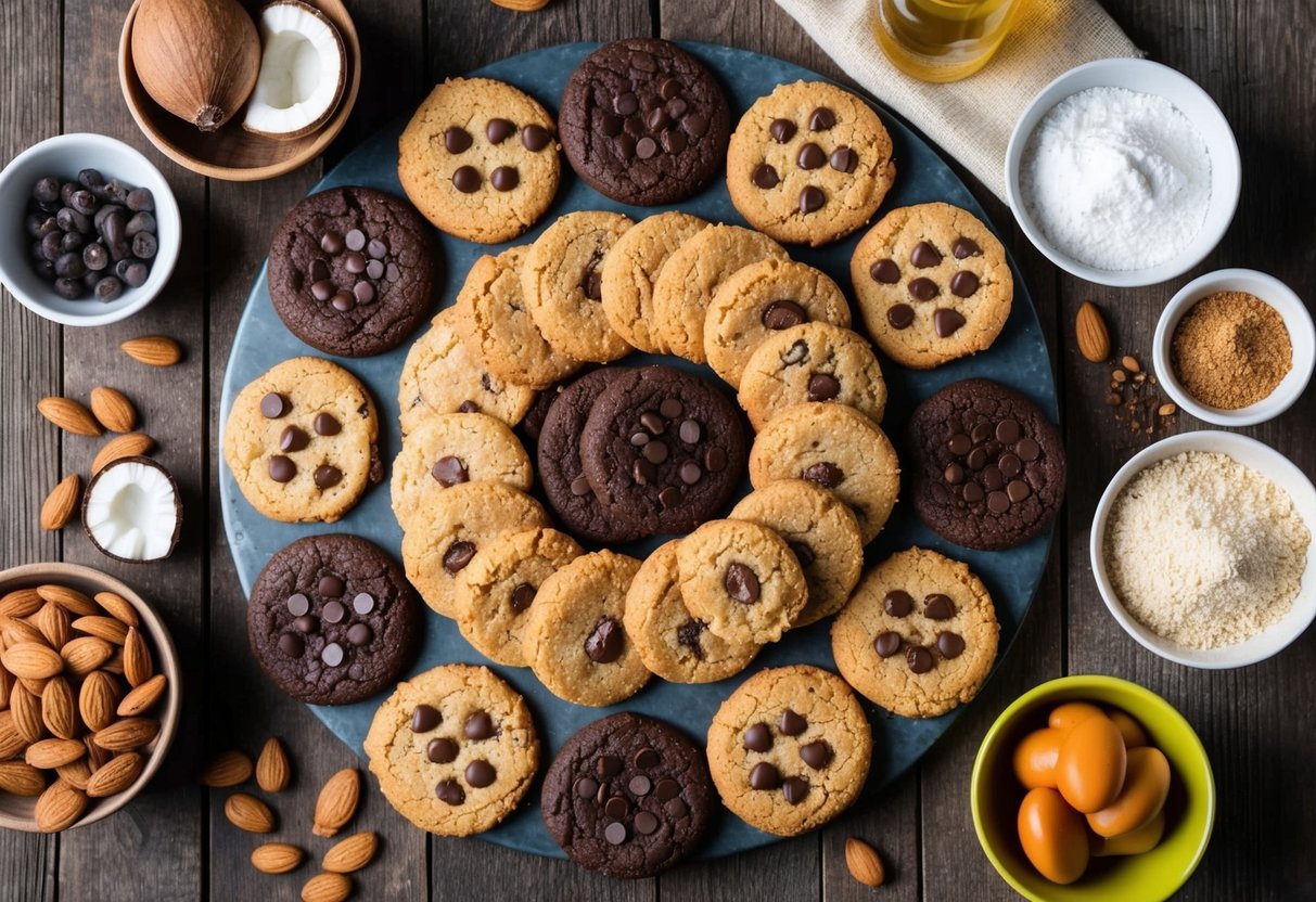 A colorful array of keto cookie recipes arranged on a rustic wooden table, surrounded by fresh ingredients like almond flour, coconut oil, and dark chocolate chips