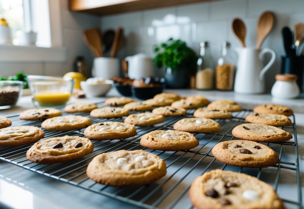 A kitchen counter filled with a variety of freshly baked keto cookies, cooling on wire racks, surrounded by ingredients and baking utensils