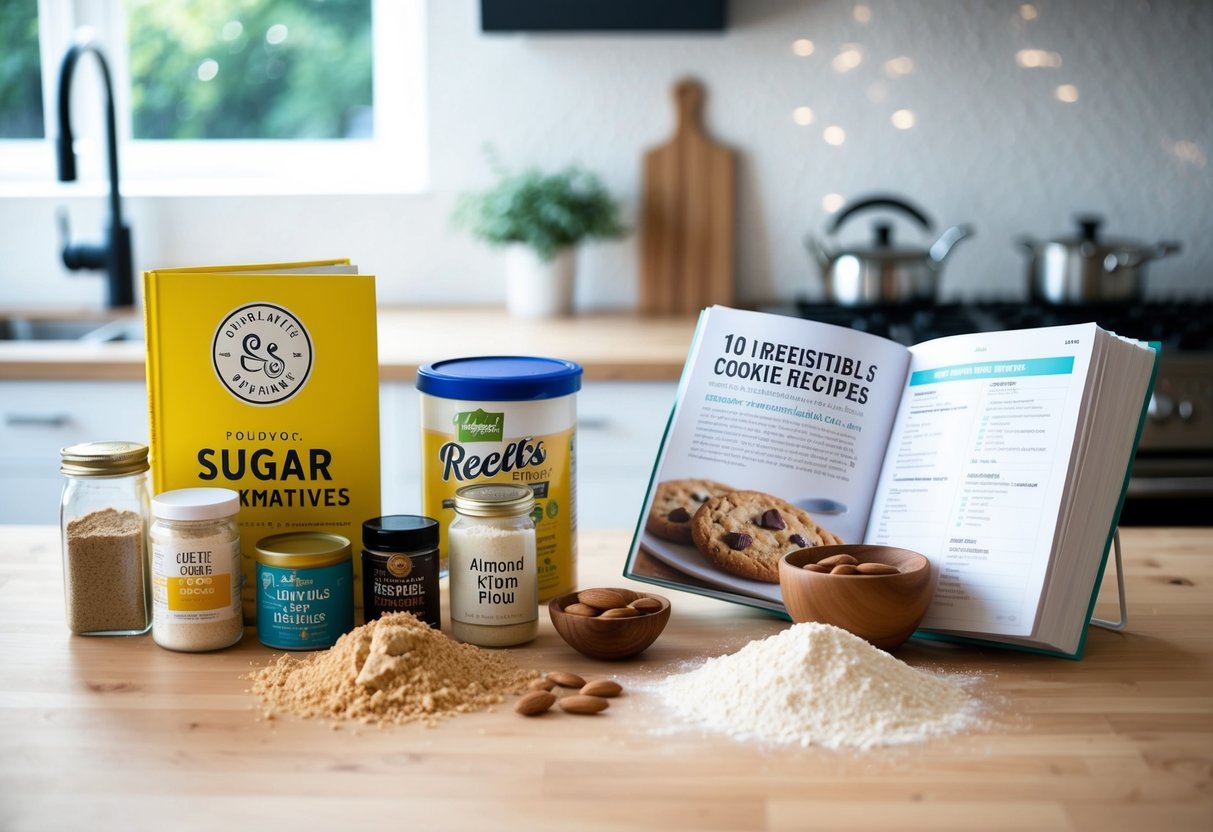 A kitchen counter with a variety of sugar alternatives, almond flour, and other ingredients laid out next to a recipe book open to a page titled "10 Irresistible Keto Cookie Recipes."