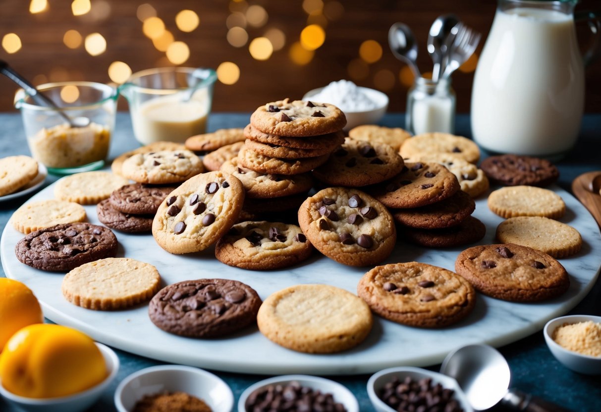 A table filled with a variety of keto cookies, surrounded by ingredients and baking utensils