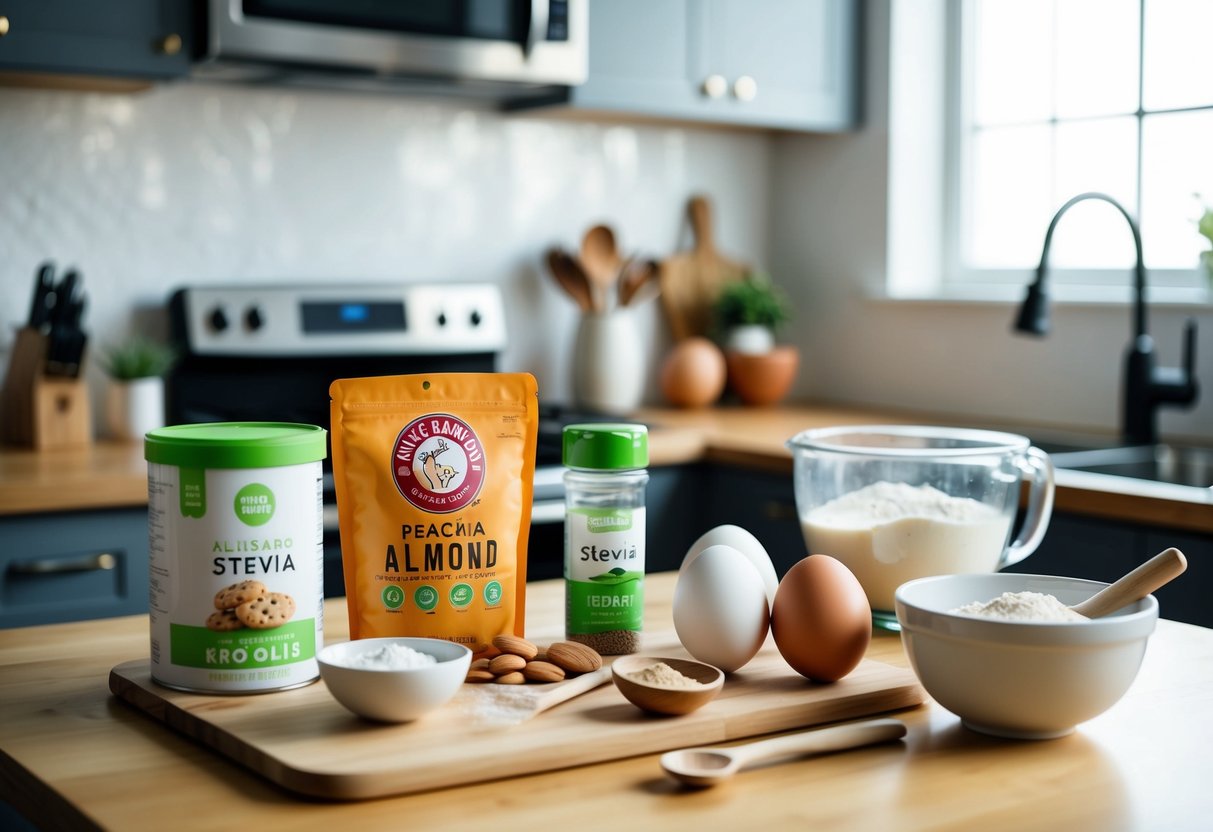 A kitchen counter with ingredients and utensils laid out for baking keto cookies, including almond flour, stevia, eggs, and a mixing bowl