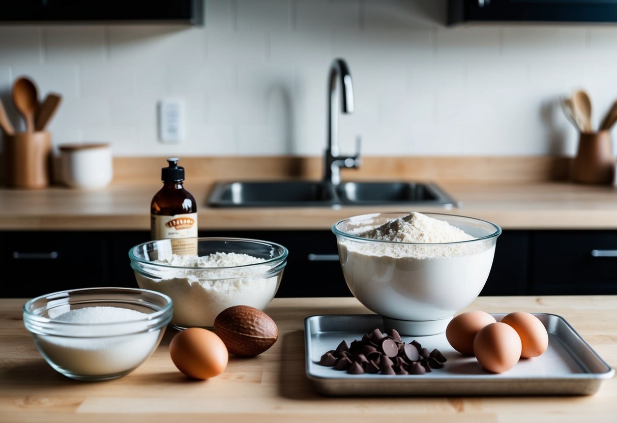 A kitchen counter with a mixing bowl, almond flour, coconut oil, sweetener, and baking sheet. Ingredients include eggs, vanilla extract, and sugar-free chocolate chips
