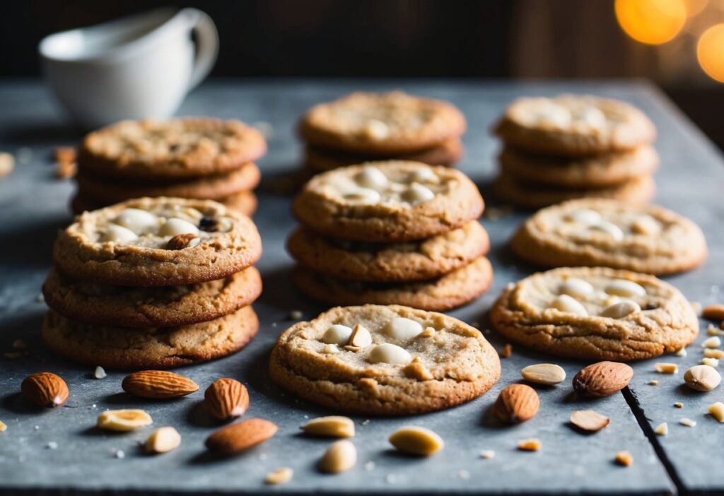 An assortment of freshly baked keto cookies (e.g., chocolate chip, nut butter-based, creative flavors) arranged on a rustic wooden table. Include ingredients like almond flour, natural sweeteners, and a few scattered nuts, with soft, natural lighting that emphasizes a warm, inviting kitchen environment.