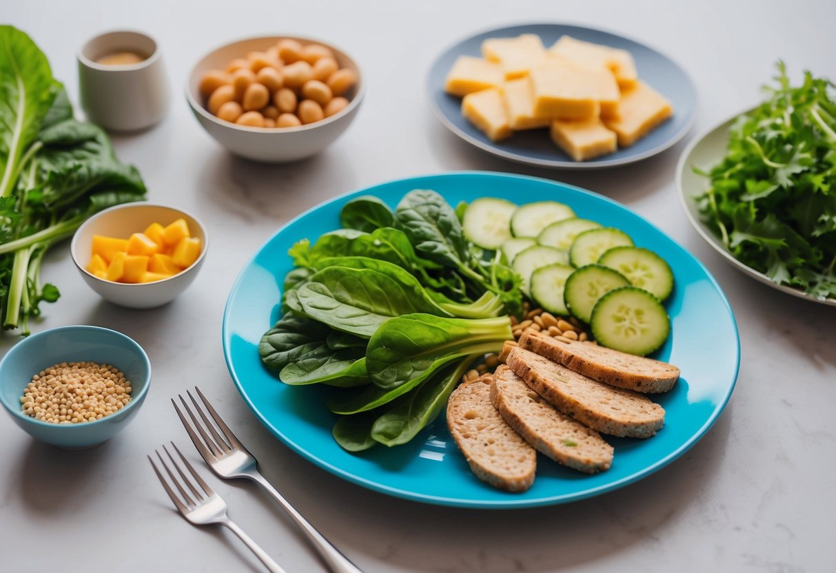 A colorful plate with a variety of low-carb foods, such as leafy greens, lean proteins, and healthy fats, arranged in an appealing and balanced manner