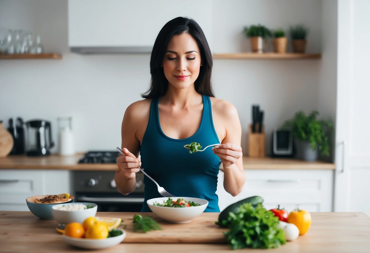 A woman with PCOS follows a keto diet, balancing hormones and losing weight. Illustrate her cooking low-carb meals and exercising for health