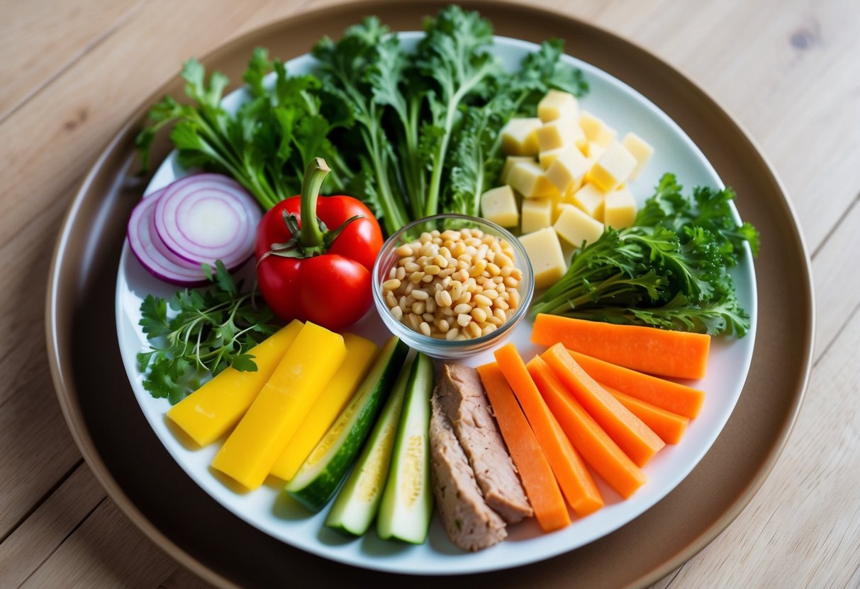 A colorful plate of low-carb, high-fat foods arranged in a balanced and appealing manner, with a focus on fresh vegetables, lean proteins, and healthy fats
