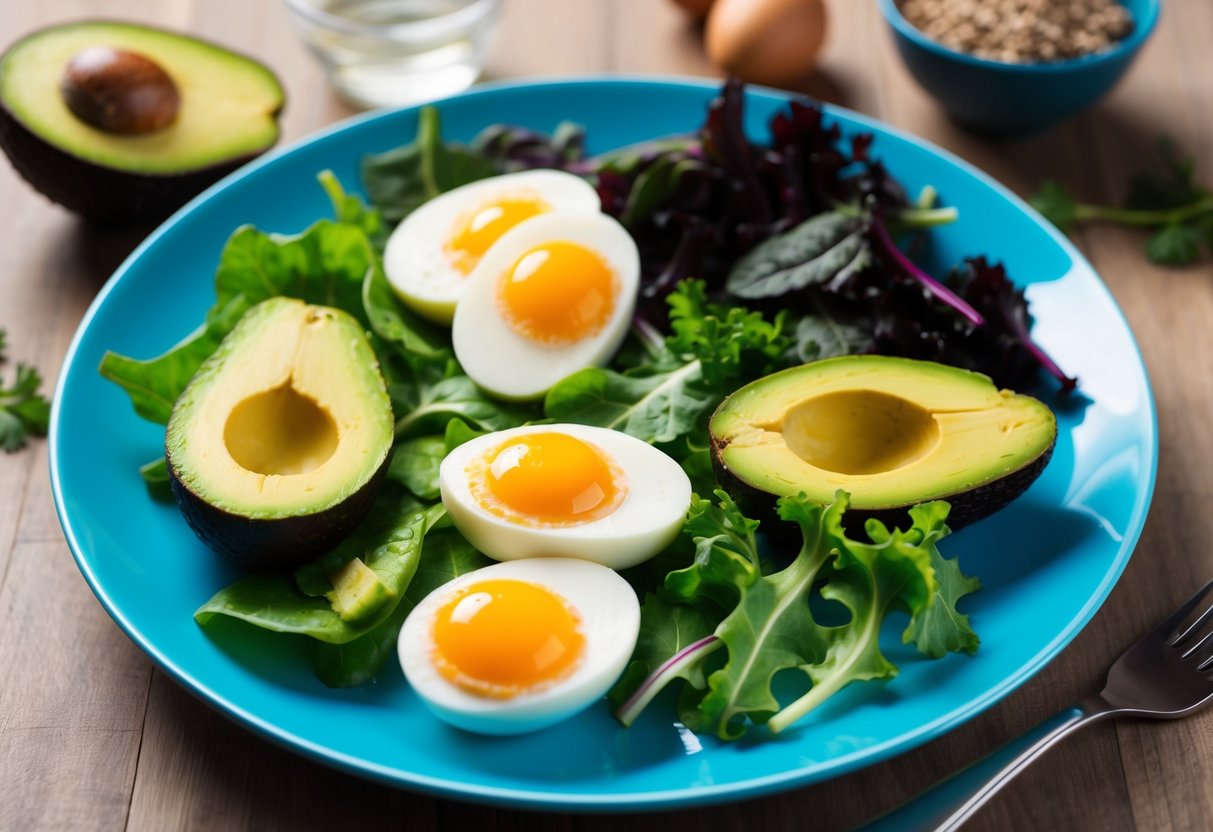 A colorful plate with various low-carb foods, such as leafy greens, avocado, eggs, and lean protein, arranged in an appealing and balanced manner