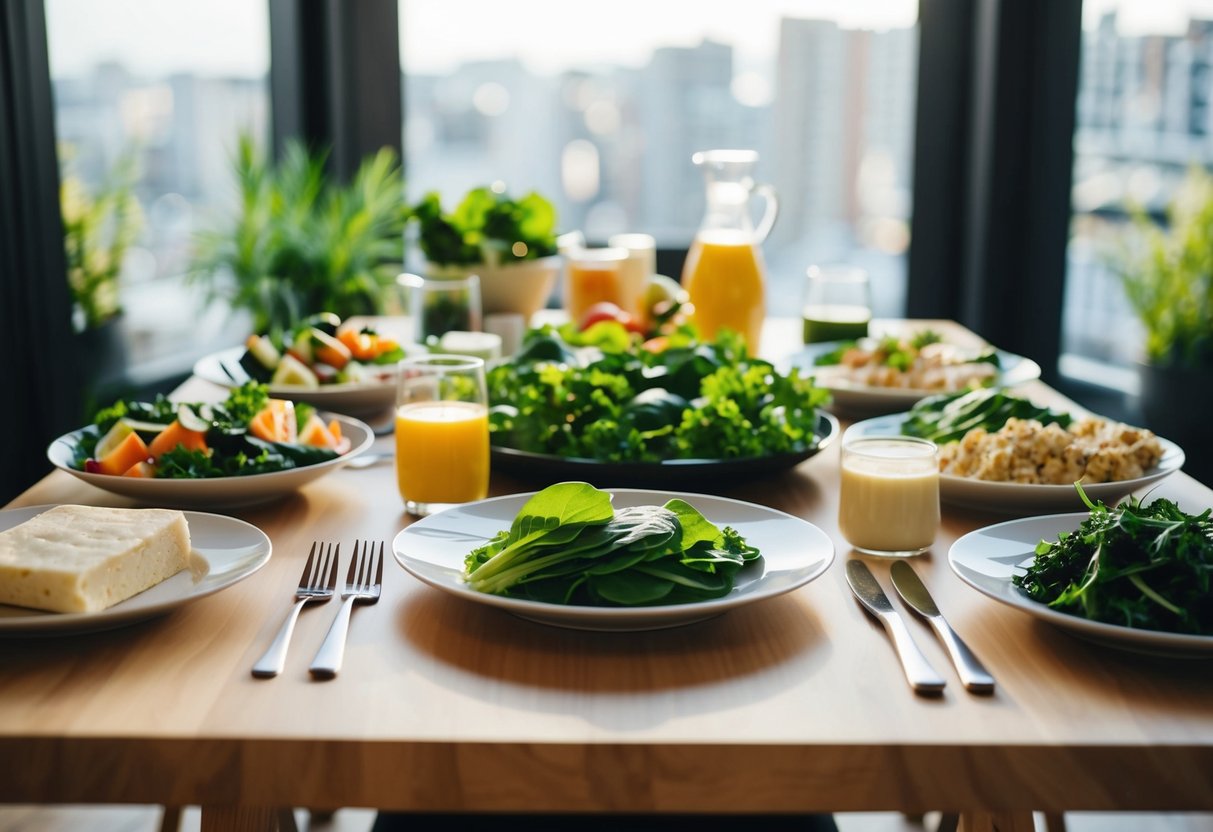 A table set with a variety of low-carb, nutrient-dense foods such as leafy greens, lean proteins, and healthy fats, with a focus on balance and weight loss for PCOS