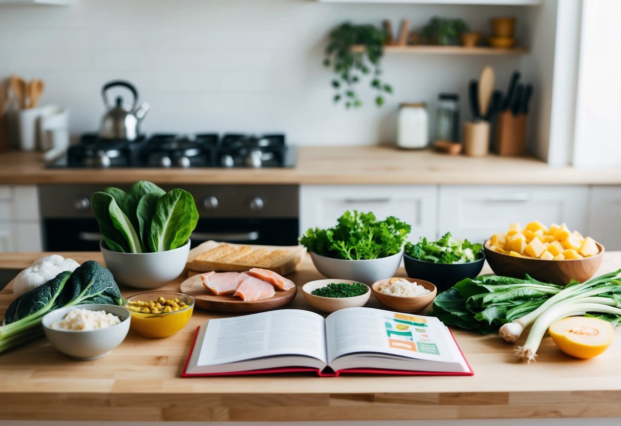 A kitchen counter with a variety of low-carb, PCOS-friendly foods such as lean proteins, leafy green vegetables, and healthy fats. A book about the keto diet and PCOS sits open nearby