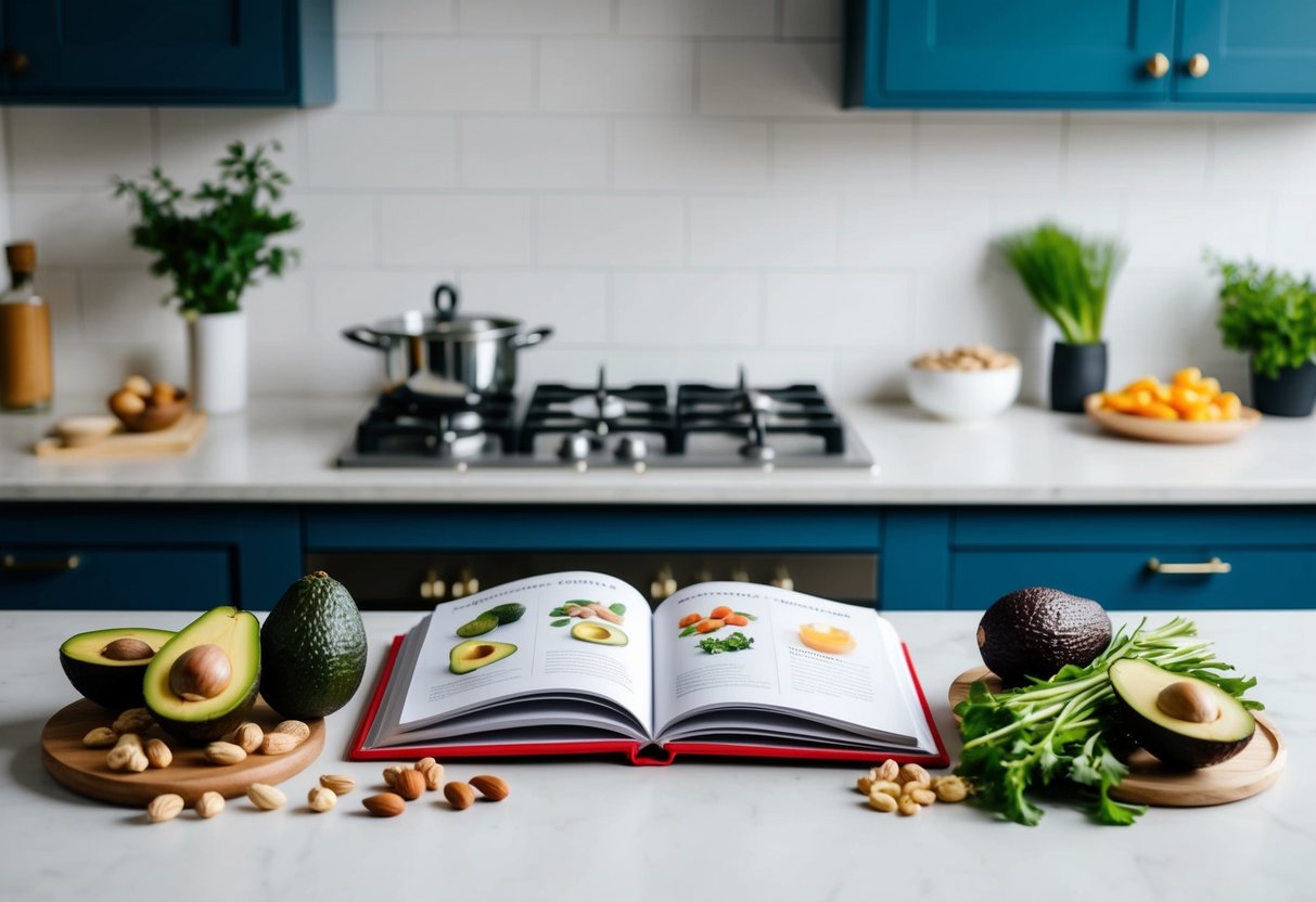 A kitchen counter with a variety of low-carb, high-fat foods such as avocados, nuts, and vegetables. A cookbook open to a page on the benefits of a keto diet for PCOS