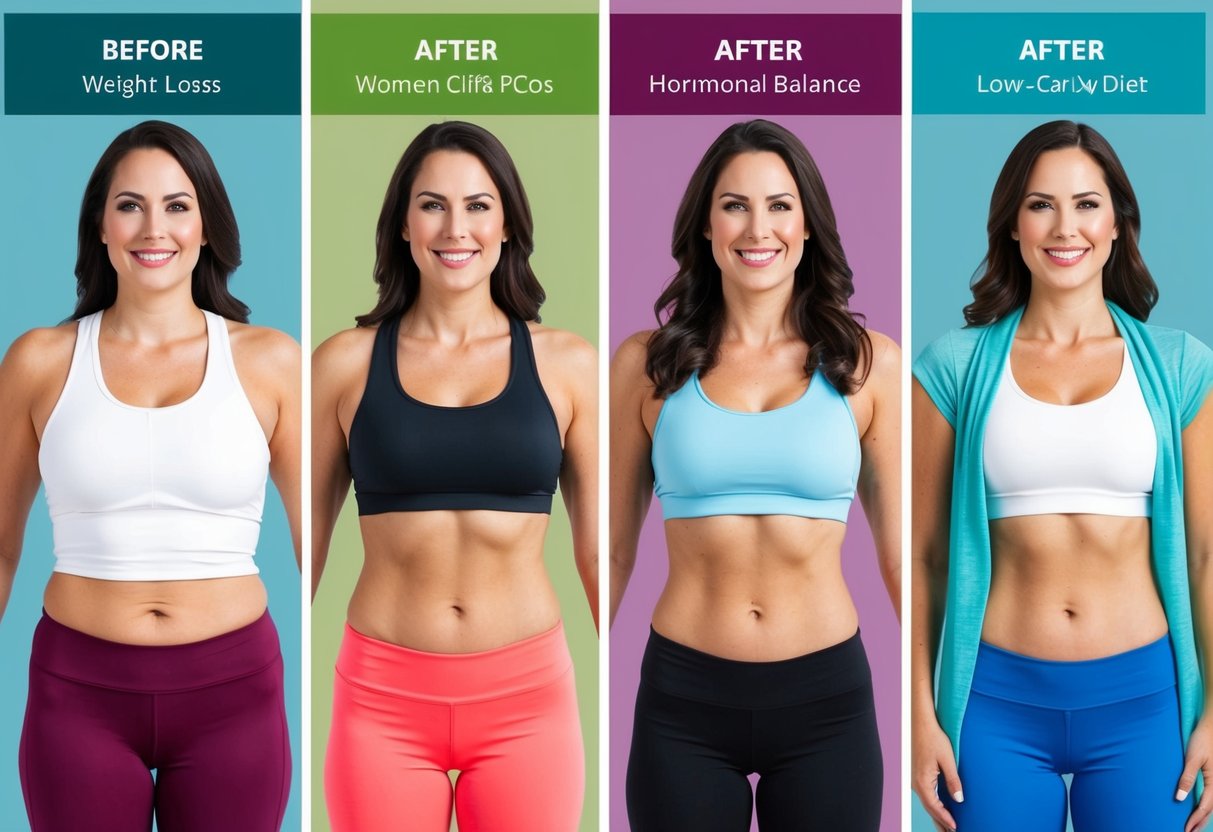 A colorful infographic showing before and after images of women with PCOS, depicting weight loss and hormonal balance on a low-carb keto diet