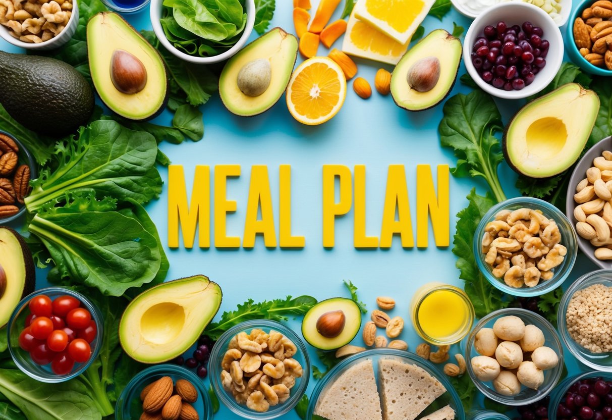 A colorful meal plan spread with keto-friendly foods, such as avocados, leafy greens, nuts, and lean proteins, arranged in an organized and visually appealing manner