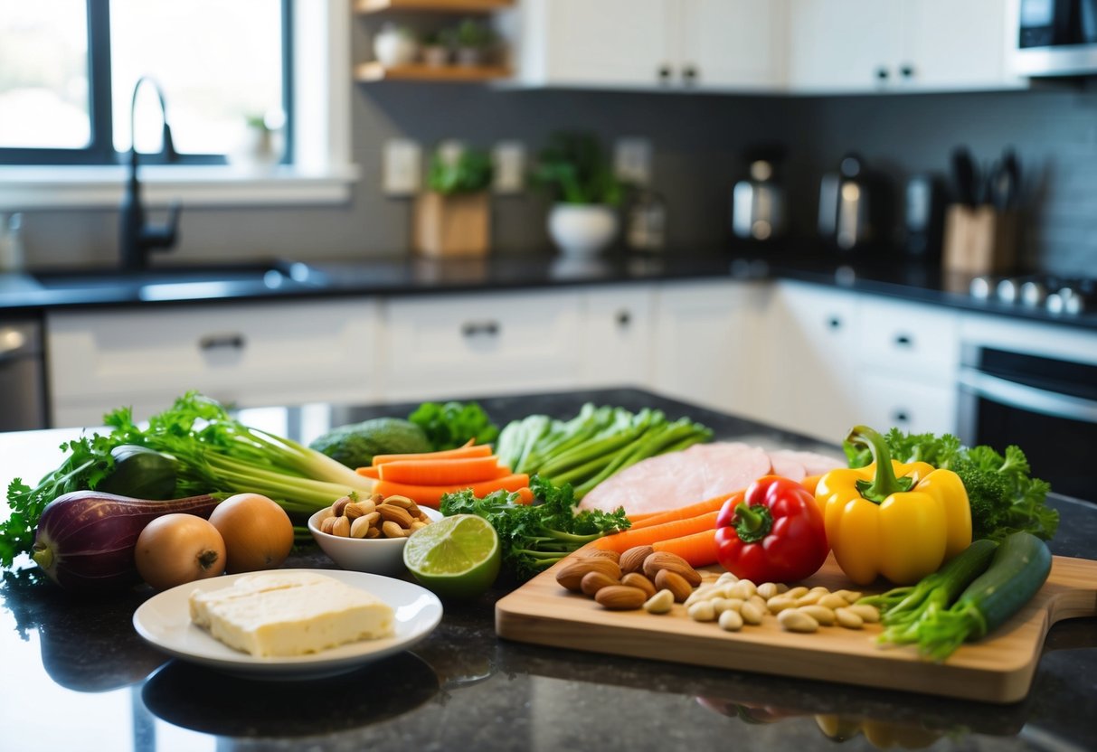A kitchen counter with a variety of low-carb foods and ingredients, such as vegetables, nuts, and lean protein, arranged neatly for meal preparation