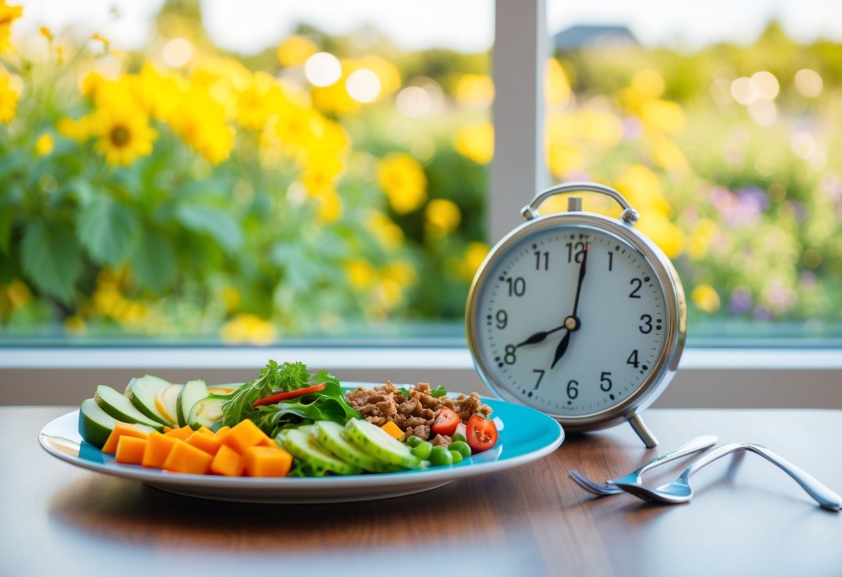 A vibrant, balanced meal plate with keto-friendly foods and a clock indicating the fasting window