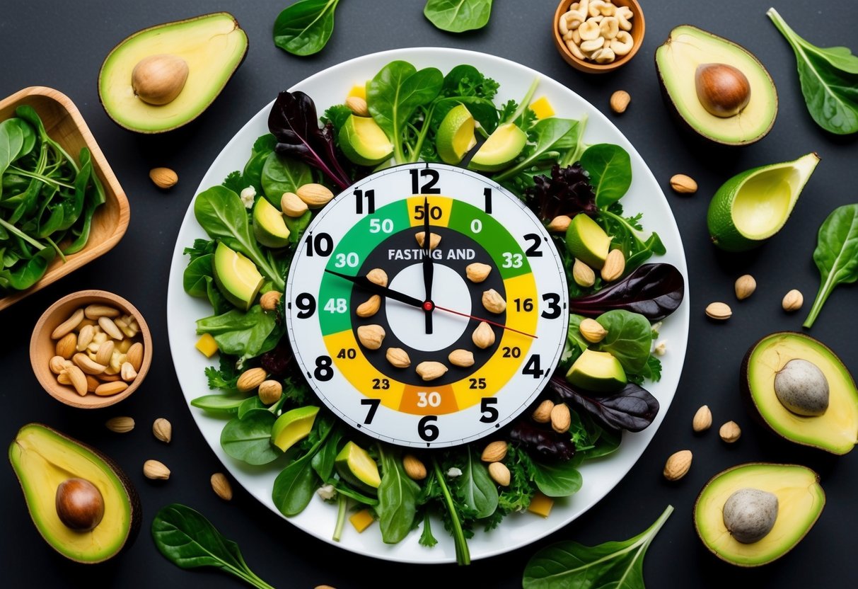 A colorful plate of leafy greens, avocados, nuts, and lean proteins, surrounded by a clock indicating the keto and intermittent fasting for women and eating windows