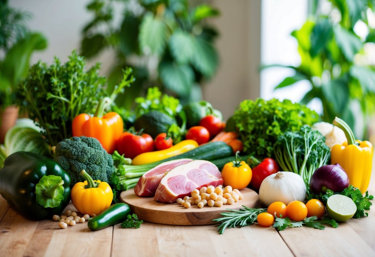 A bountiful table of fresh vegetables, lean proteins, and healthy fats, surrounded by vibrant greenery and natural light