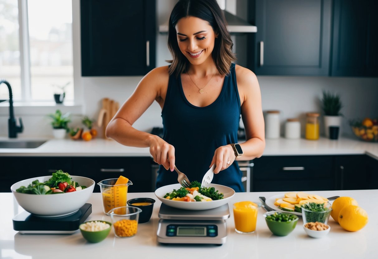 A woman preparing a balanced meal while surrounded by keto and intermittent fasting-related items such as a scale, measuring cups, and healthy food options