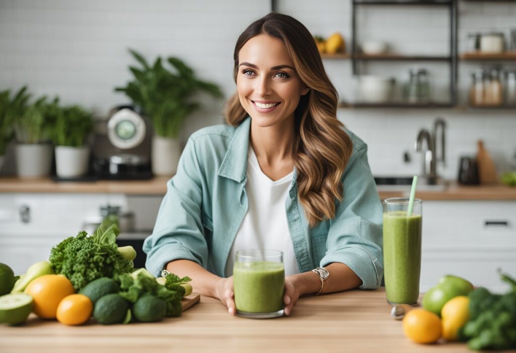 A confident, healthy woman in her 30s standing in a bright kitchen, holding a mason jar of keto-friendly green smoothie. Background includes a visible meal prep setup with leafy greens, avocados, eggs, and a journal labeled “Hormone Reset.” Soft pastel tones, clean wellness vibe, natural lighting, gentle smiles