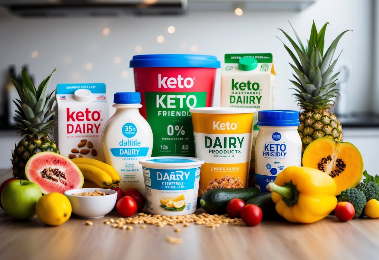 A table with various keto-friendly dairy products and their alternatives, surrounded by colorful fruits and vegetables