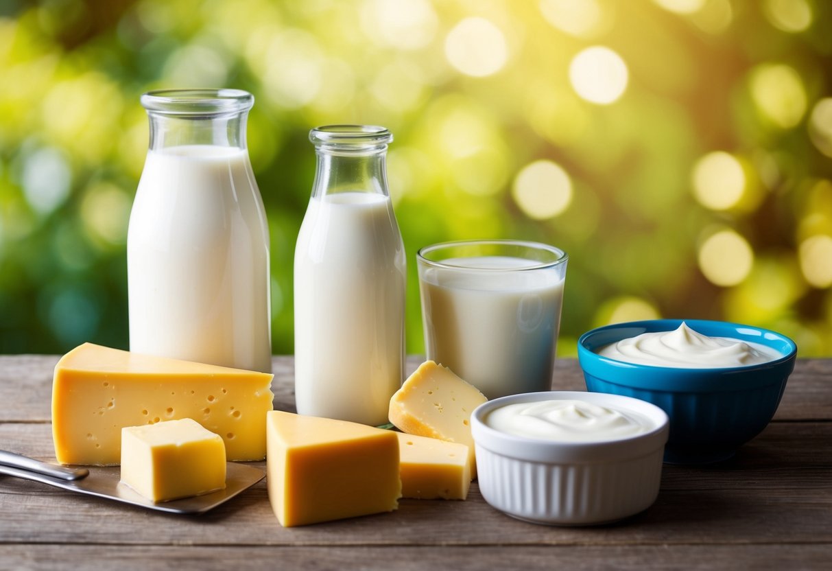 A table with keto-friendly dairy options like cheese, butter, and heavy cream next to non-keto options like milk and yogurt