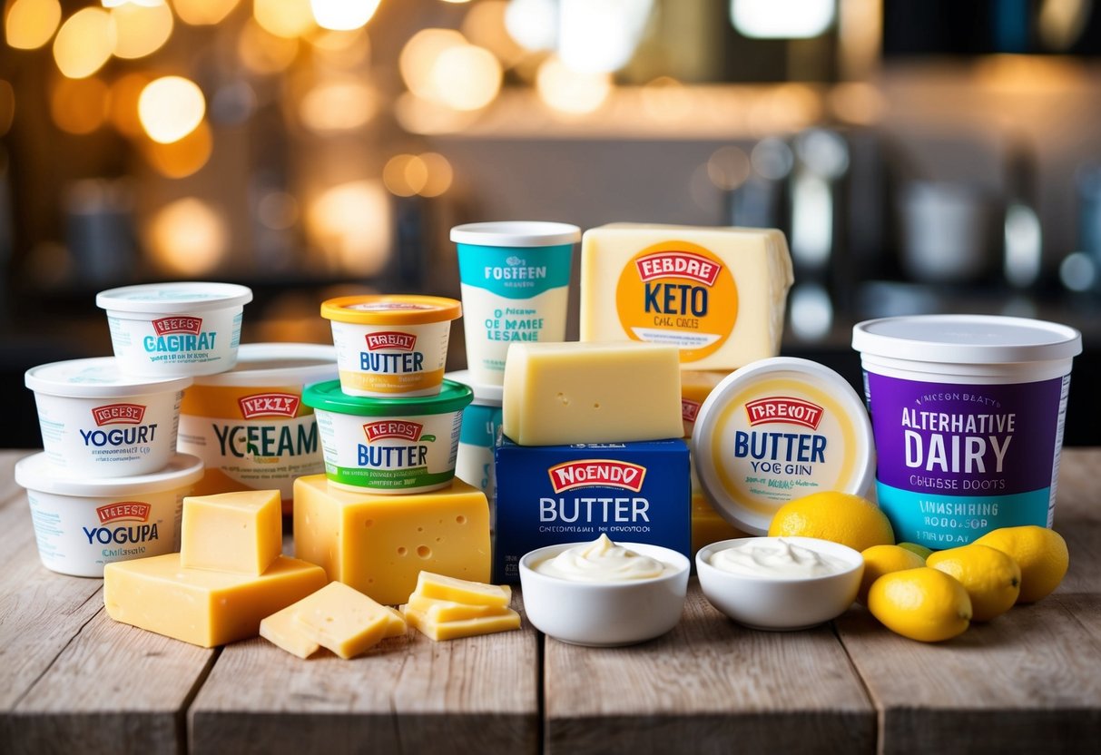 A table filled with a variety of keto-approved dairy products, including cheese, butter, yogurt, and cream, with alternative dairy options displayed alongside