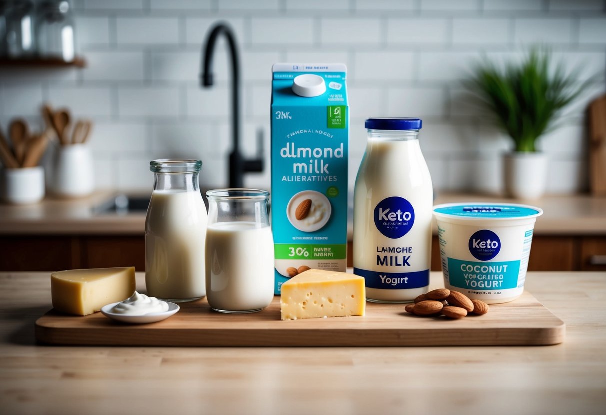 A kitchen counter with dairy products like milk, cheese, and yogurt next to keto-friendly alternatives like almond milk and coconut yogurt