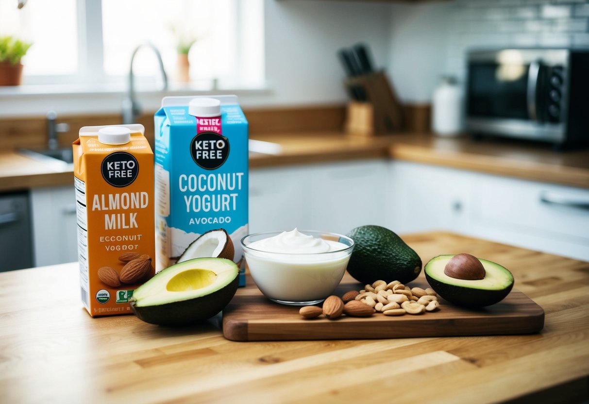 A kitchen counter with a variety of dairy-free keto-friendly food items such as almond milk, coconut yogurt, avocado, and nuts