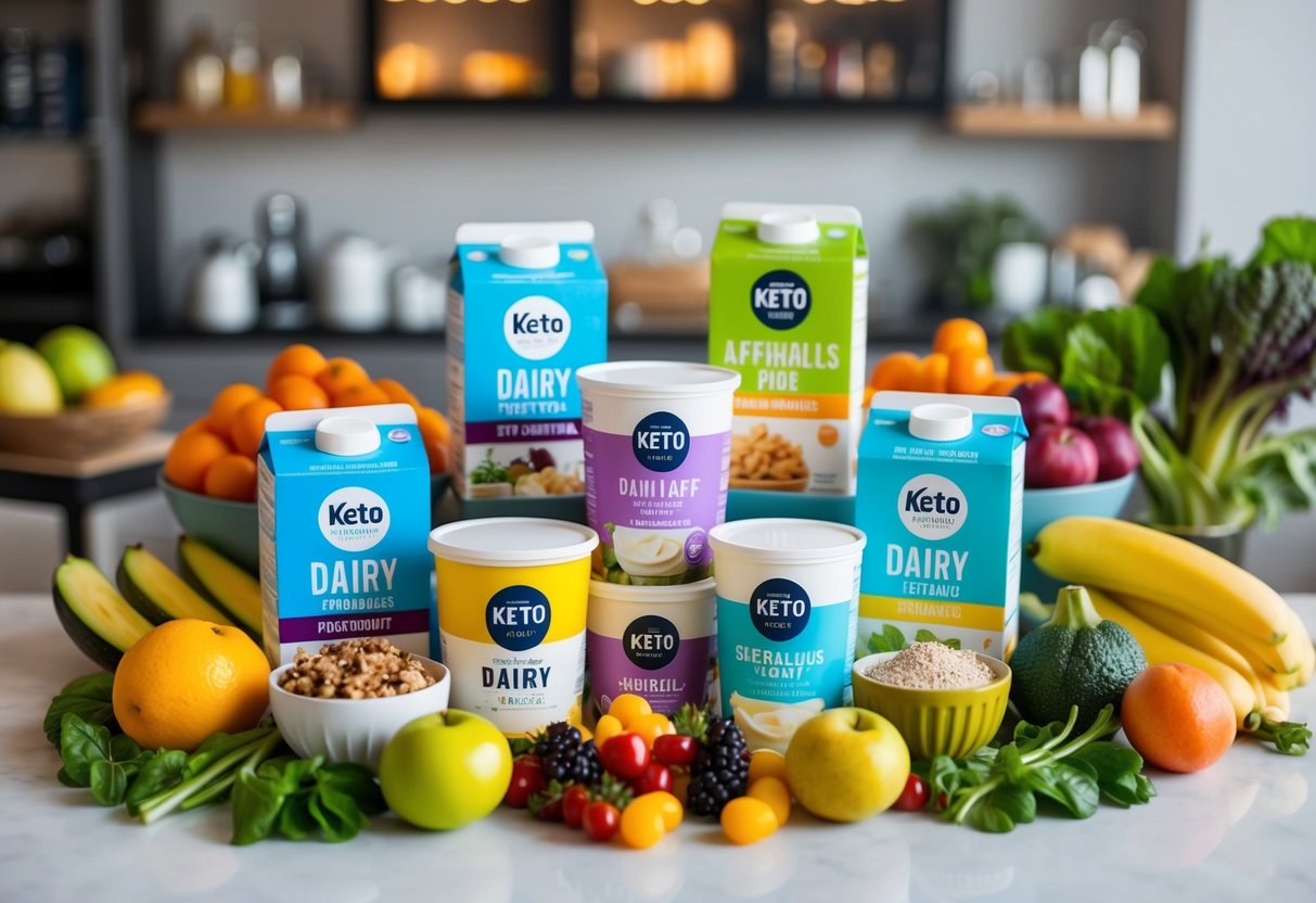 A colorful spread of keto-friendly dairy products and alternatives displayed on a table, surrounded by vibrant fruits and vegetables