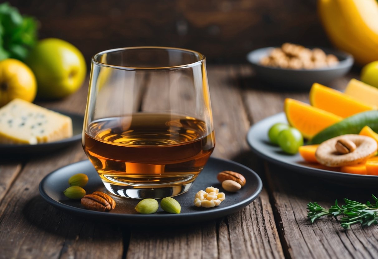 A glass of whiskey on a rustic wooden table with a plate of cheese and nuts, surrounded by low-carb fruits and vegetables